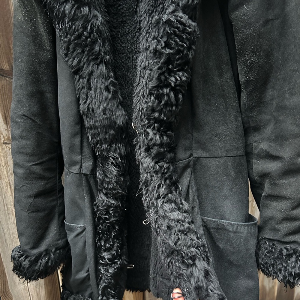 100% Real Suede Jacket with Sheepskin Fur Trim Shearling Coat - Picture 4 of 4